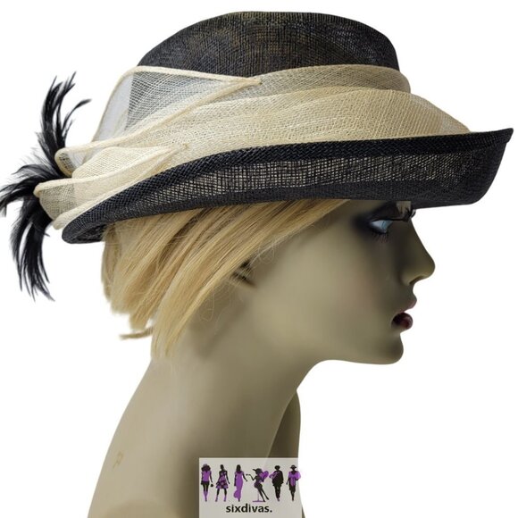 Black and Cream Dress Hat Sinamay Church Hat Adjustable Hat Kentucky Derby Hat - Picture 7 of 16
